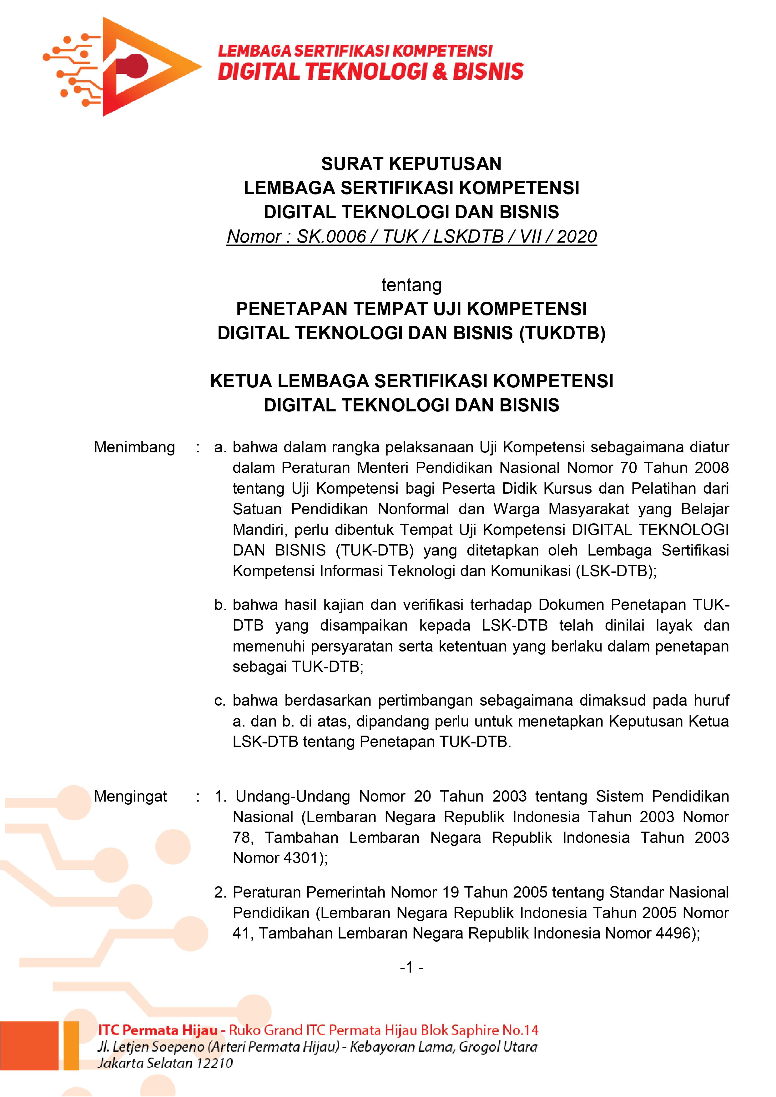 Penetapan Tempat Uji Kompetensi Digital Teknologi dan Bisnis Bina Insani MTC Magelang